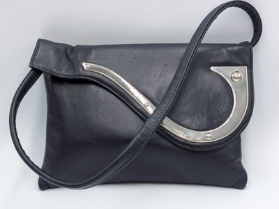 Jane Shilton Navy Leather Shoulder Bag Piano Key Flap, Made in England