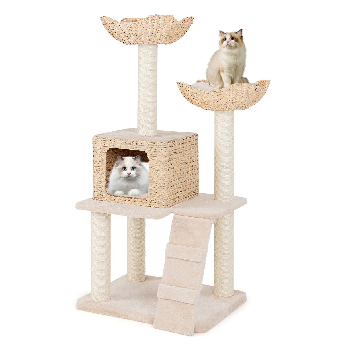 Arbre à chat tour quenouille de 122 cm avec plateformes en bois et cordes de sisal naturel