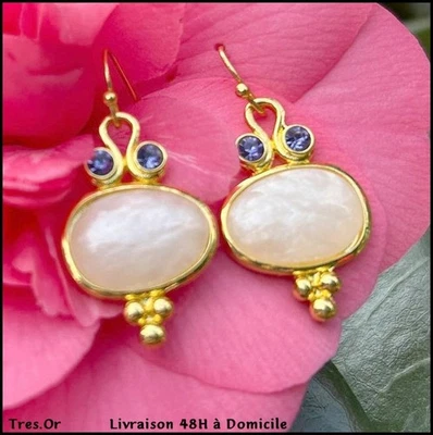 Boucles d'Oreille CRISTAL BLEU MÉTAL OR OPALE BLANCHE SIMULÉE Livré 48H DomiciIe - Photo 1/4