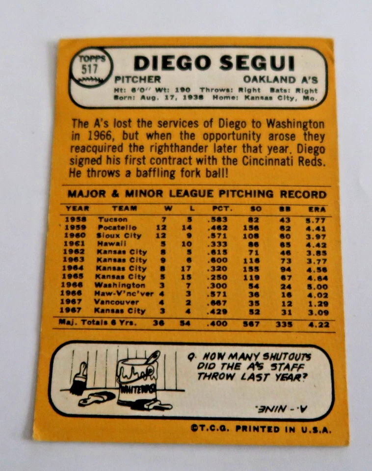 1968 TOPPS #517 DIEGO SEGUI OAKLAND ATHLETICS - Image 2 of 2