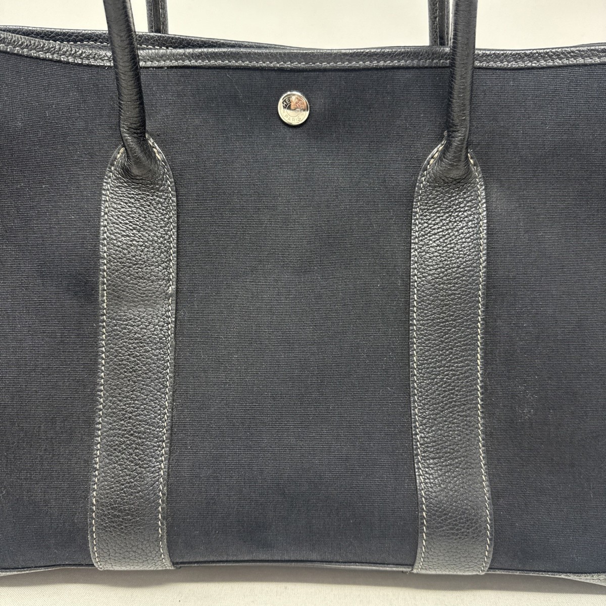Authentic Hermes Garden Party MM Canvas Leather Tote Bag Black