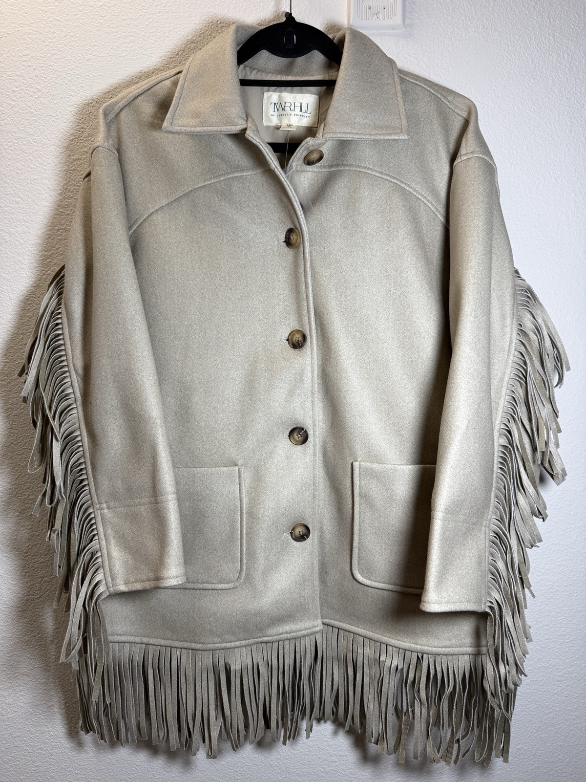 NWT TWRHLL Christie Brinkley Fringe Shacket Jacket Coat Tan Beige Petite MP New