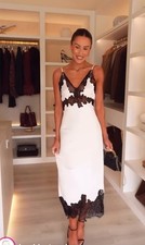 Sz S H M White Black Lace Trimmed Long Slip Dress V-Neck Floral Women  s