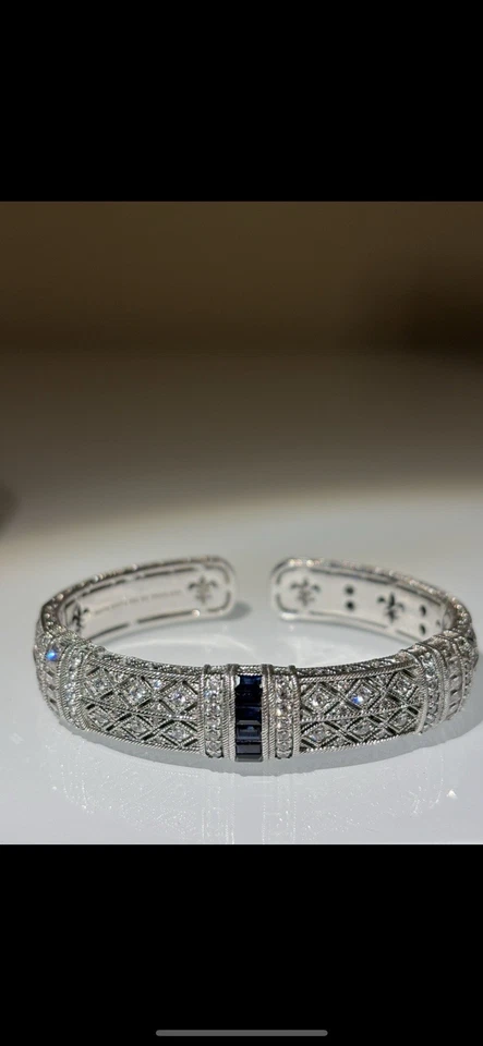 Judith Ripka Sterling Silver Blue Sapphire & Diamonique Hinged Filagree Bangle - Image 2 of 4