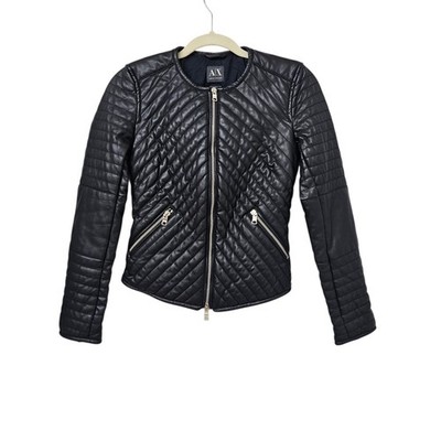 ARMANI EXCHANGE Women's Sz XXS Faux Leather Black Jacket Lined Padded Coat EUC