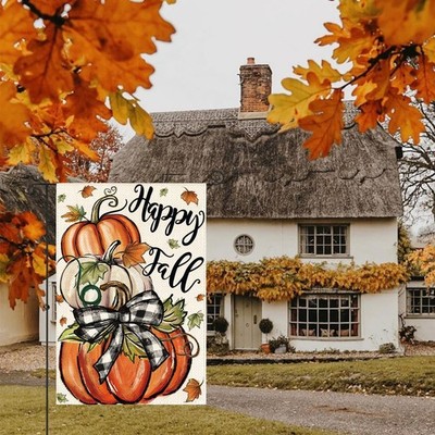 Happy Fall Decorations Pumpkins Maple Leaves Garden Yard Flag Outdoor 12''x18''