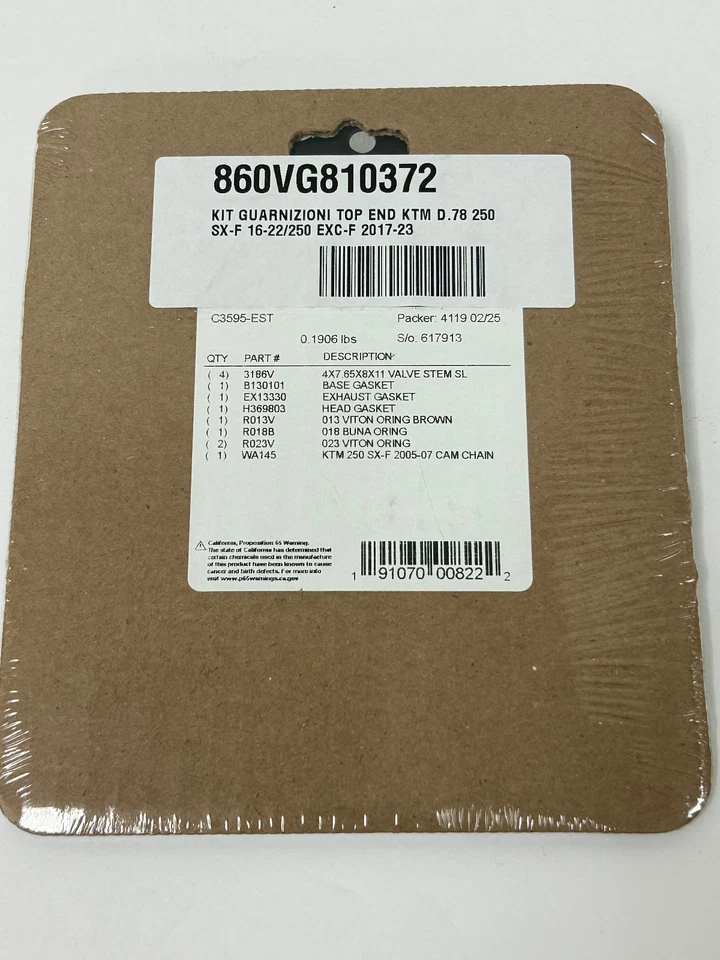 Комплект прокладок верхнего конца для KTM 250 EXC-F 2017, 250 SX-F 2016 810372 Vertex - Изображение 2 из 2