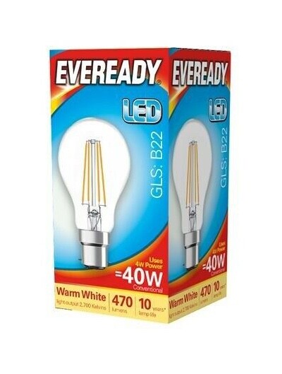 5x Eveready LED Filament GLS Bulb 4W (40W) 470lm BC B22 - Warm White