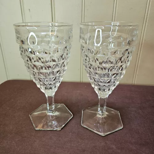 2 Fostoria Whitehall Cubist Glass Hex Water Wine Glasses Goblets Stemware 8 Oz