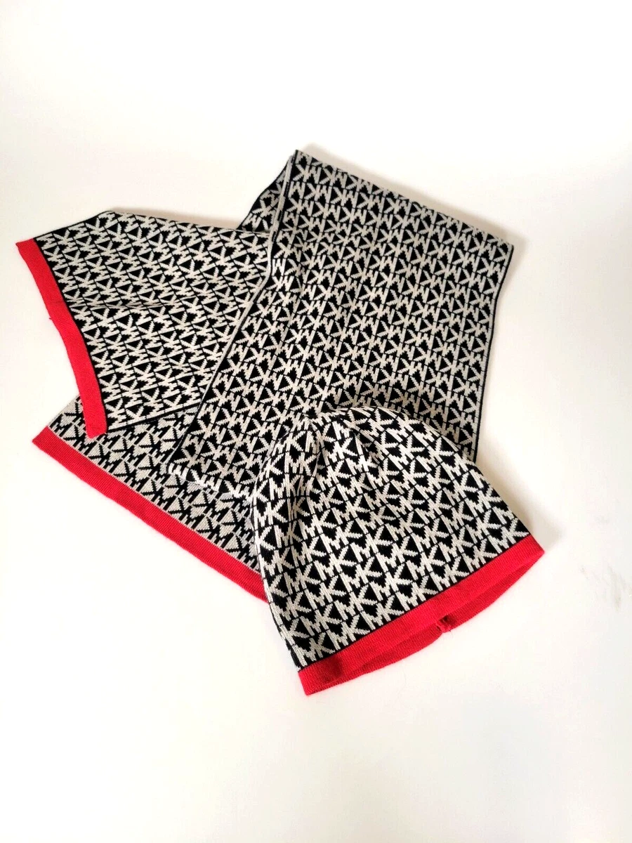 Michael Kors Hat Scarf Set Signature MK Black Red Gray Reversible