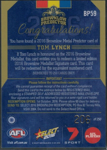 2016 Footy Stars THUNDER & LIGHTNING & BROWNLOW PREDICTORS; Individual Card Sale - Picture 11 of 13