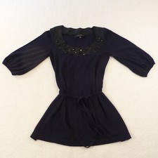 Nine West Shirt Dress Women's Small Black with Rhinestone Tie Front Short Sleeve