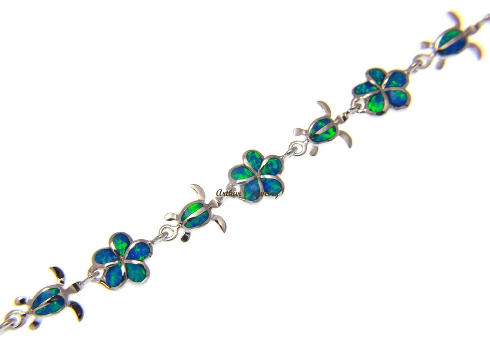 PULSERA INCRUSTADA ÓPALO PLATA 925 PLUMERIA HAWAIANA FLOR HONU TORTUGA ESLABÓN 7"+ Foto 3 de 4