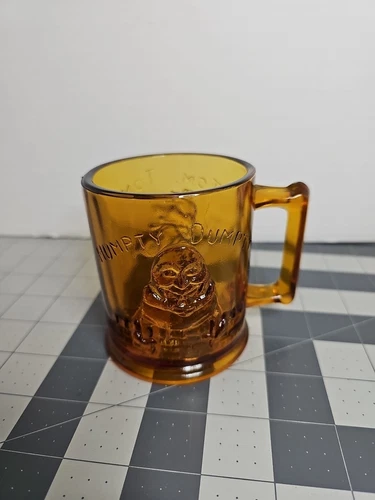 Vintage Amber Glass Cup Mug~Humpty Dumpty & Tom Tom, Piper's Son. 3.5”