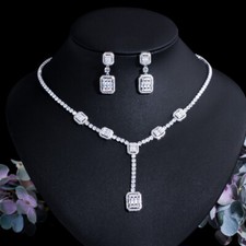 Baguette CZ Crystal Long Dangle Drop Necklace Earrings Jewelry Set for Women