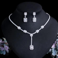 Baguette CZ Crystal Long Dangle Drop Necklace Earrings Jewelry Set for Women