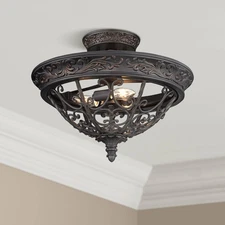 Rustic Ceiling Light Semi Flush Mount Fixture 16 1/2" Rubbed Bronze Scrollwork