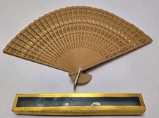 Vintage Wooden Asian Hand Fan Etched Cut Outs 13" Open Box Hong Kong