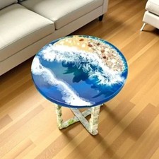 15" Modern Blue Ocean Resin Round End Table Coastal Living Room Decor Beach