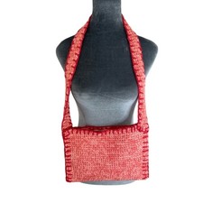 Handmade Pink Red- shoulder crochet bag zipper- some wear- 11x7" cottage