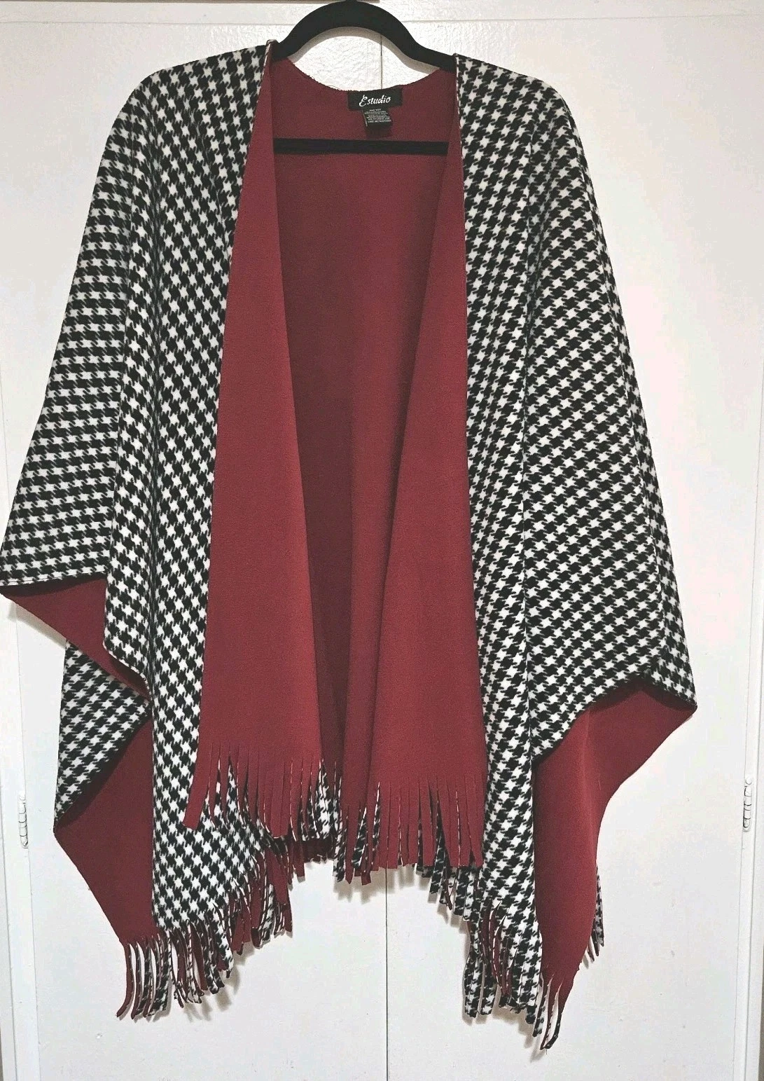 EStudio Womens Hounds Tooth Shaw Cape Sweater Poncho Black White Fringe One Size