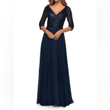 La Femme Dress Women  s 8 Navy Chiffon Sequins 3/4 Sleeve V-Neck Formal Gown NWT