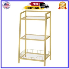 Gold Bookshelf, 3-Tier Tempered Glass Bookcase, Bathroom Storage Stand, for Bath