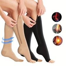 Zipper Knee High Compression Socks 20-30mmHg Graduated Support Open Toe Stocking