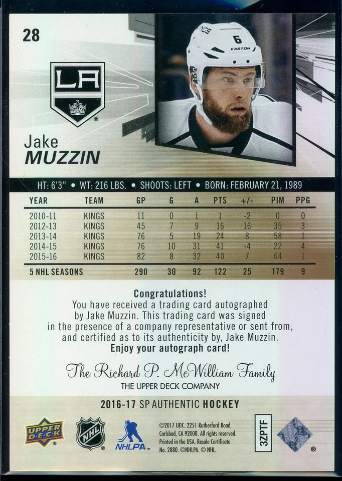 2016-17 SP Authentic Spectrum Autographs #28 Jake Muzzin - Image 2 of 2