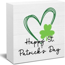 Happy St. Patrick's Day Heart Shamrock Wooden Block Sign Rustic Irish Decor Gift