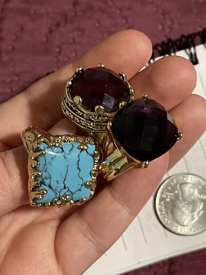 Lote de 3 Piedras Preciosas Anillo Cóctel Dorado Ajustable Rubí/Púrpura/Turquesa Foto 2 de 4