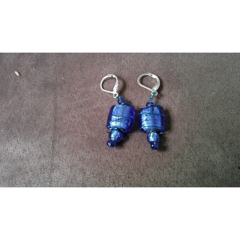 Blue Glass Beads Dangle Earrings Matching Blue Wire Silver Tone Leverbacks