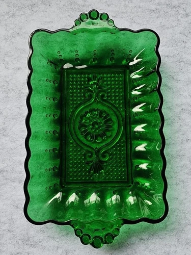Vintage  Anchor Hocking Forest Green Glass Relish Tray Rectangle w Handles