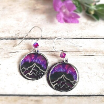 Adajio Earrings Shiny Silver Mountain Over Purple Aurora Polar Light Disc 8070