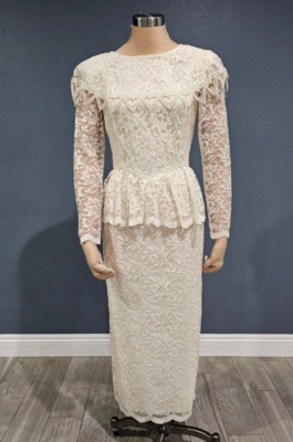 Vintage Cream Lace Peplum Gatsby Romantic Long Gown Dress S/M | eBay