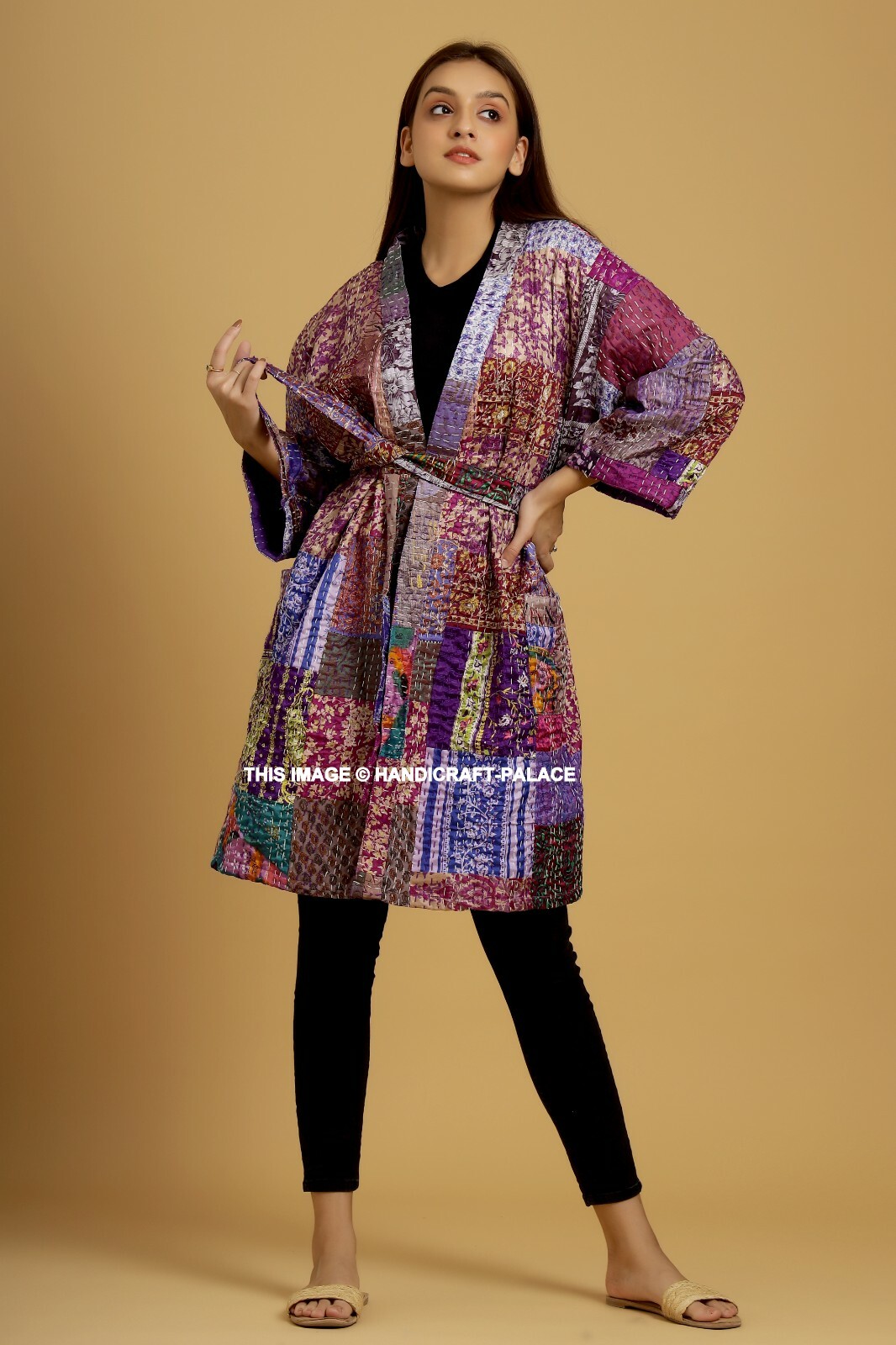 Ropa De Seda Púrpura Vintage India Con Parches Para Mujeres Maxi Kimono