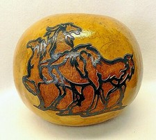 Three Blue Horses Relief Carving on a Round 7" x 8" Natural Round Barrel Gourd
