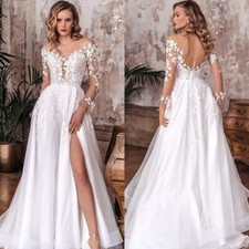 Boho A-Line Wedding Dresses Scoop Neck Sulfur Long Sleeves High Slit Bridal Gown