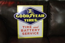 RARE GOODYEAR TIRES AND BATTERY SERVICE EMBOSSED METAL SIGN GAS OIL SERVICE 66