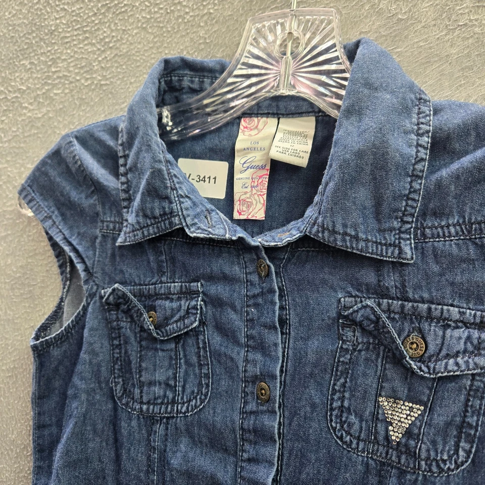 Guess Girls Dress 12 Blue Denim Jean Tiered Button Front Y2K READ - Image 4 of 4