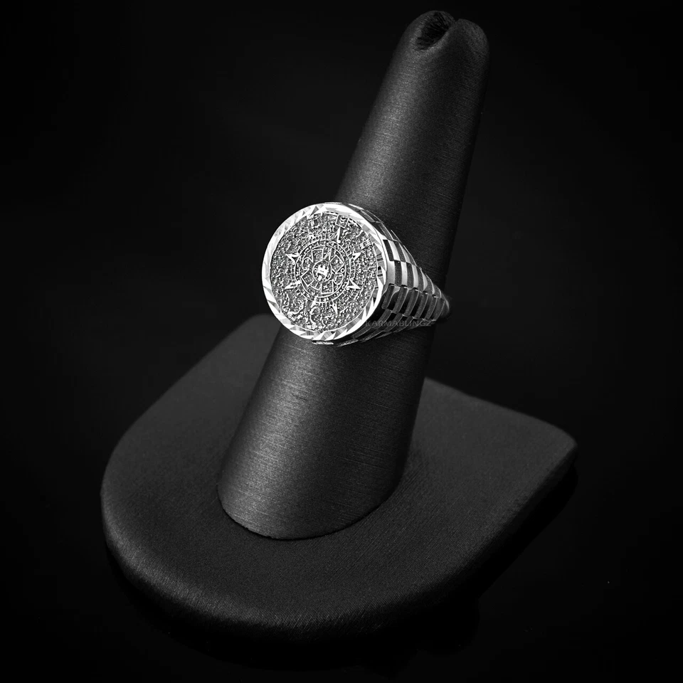 Anillo de sello unisex de plata esterlina calendario solar maya azteca corte brillante Foto 3 de 4