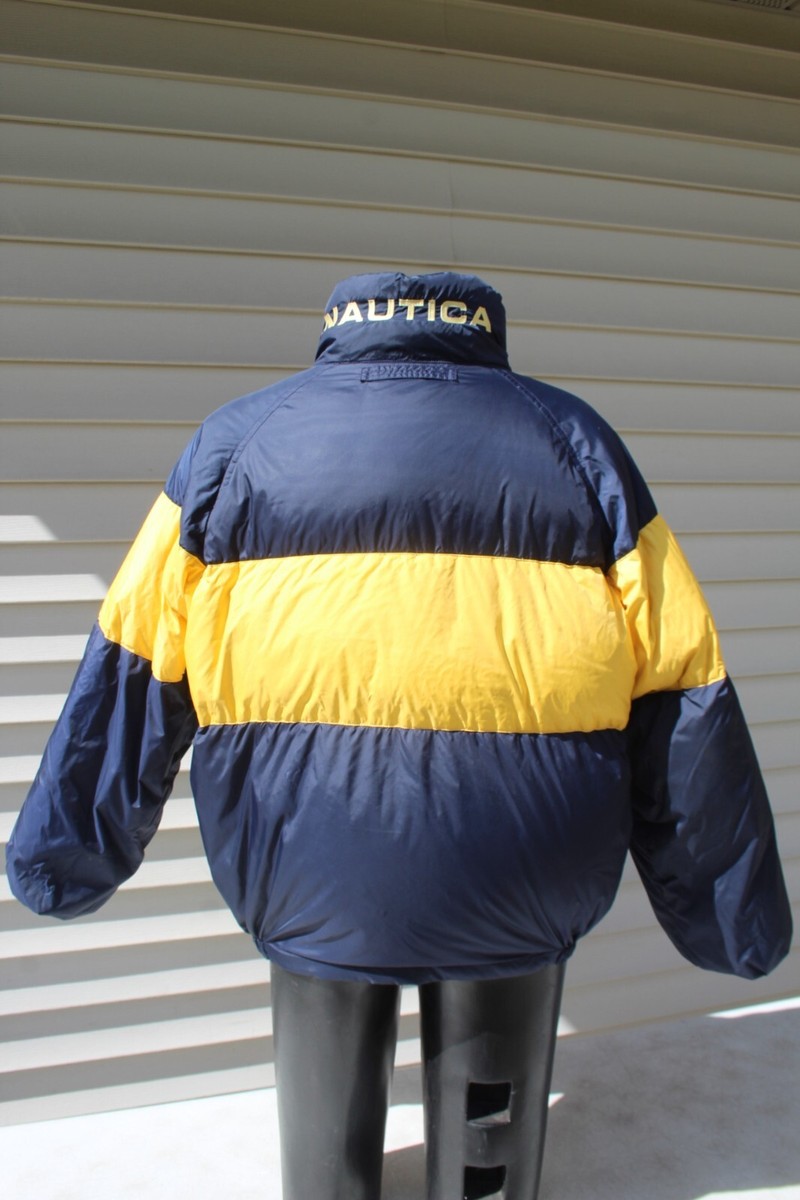 VTG Nautica Jacket Men's XL Puffer Duck Down Zip Navy Yellow