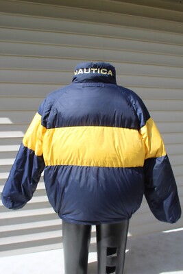 VTG Nautica Jacket Men's XL Puffer Duck Down Zip Navy Yellow
