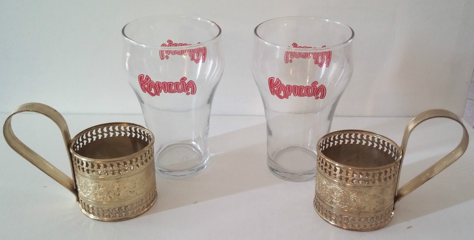 VINTAGENEW IN BOX"KAHLUA" Ice Cream Soda GlassesPAIR (2) W/Brass