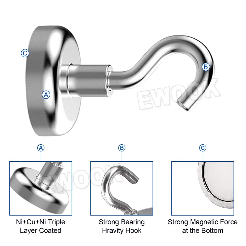 6x Strong Magnets Hooks Rare Earth N38 Magnetic Hanger Holder AU