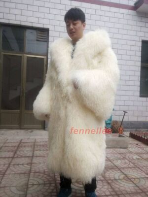 Men 100% Real Mongolia Sheep Fur Coat Lapel Hooded Long Jacket