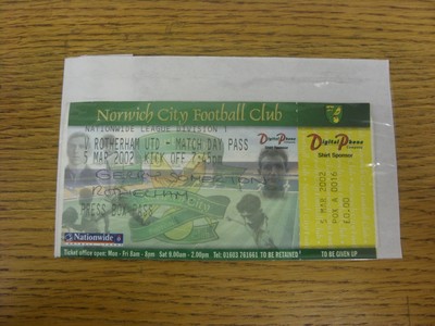 03.05.2002 Ticket: Norwich City - Rotherham United [Pressefachausweis] (gefaltet). An