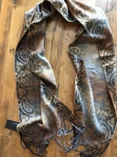 New Cejon Camel Brown & Gray Print Fringed Acrylic Scarf 11" x 64"