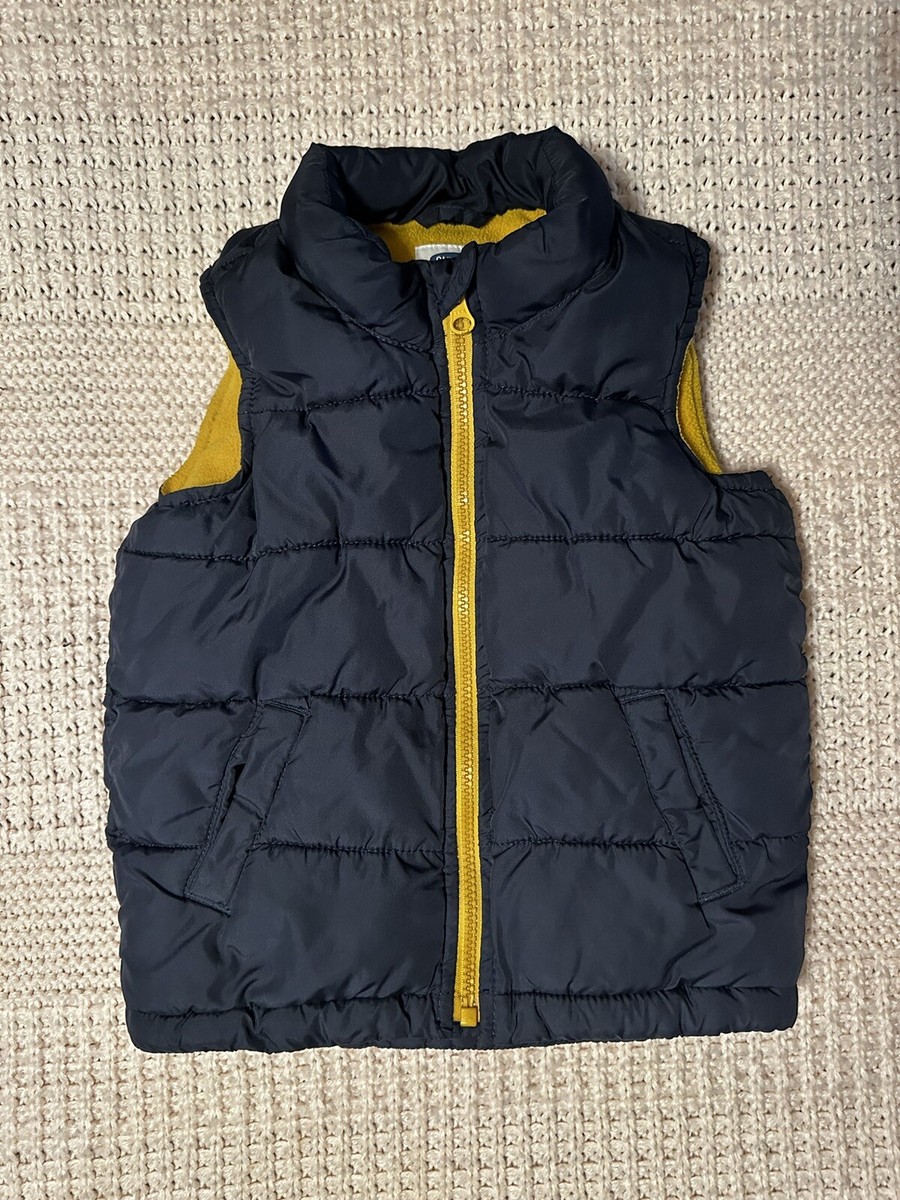 Old Navy Boys Puffer Vest Navy Blue With Yellow Interior And Full