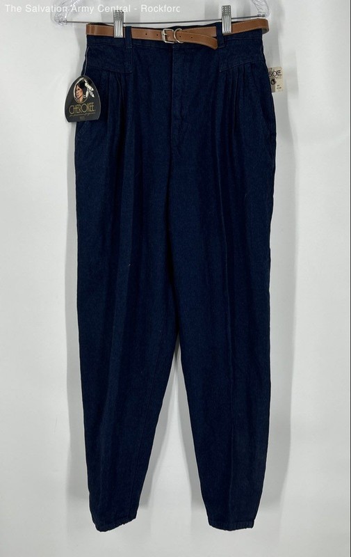 Vintage Cherokee Womens Blue Cotton Pockets Belted Pleated Tapered Jeans Size 12